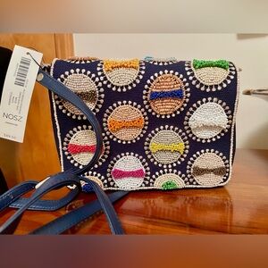 Chico’s Navy Canvas Beaded Crossbody Bag with Removable Strap- New, with Tags